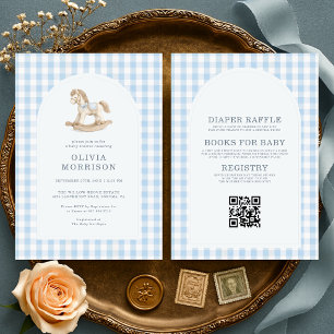  All in One Blue Gingham Rocking Horse Baby Shower Invitation