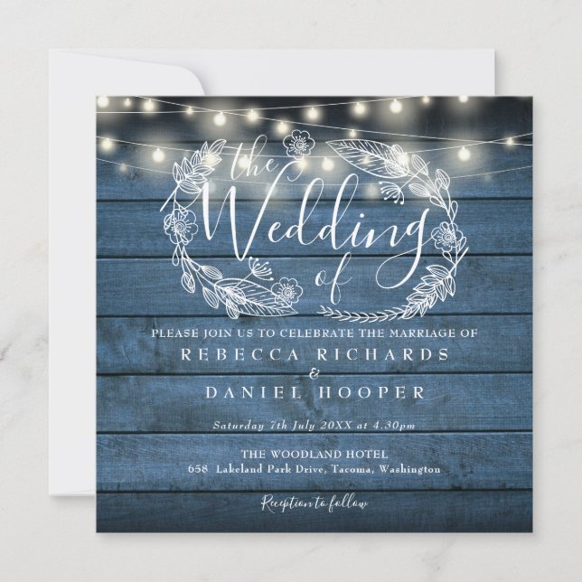 All In One Blue Rustic String Light Square Wedding Invitation (Front)
