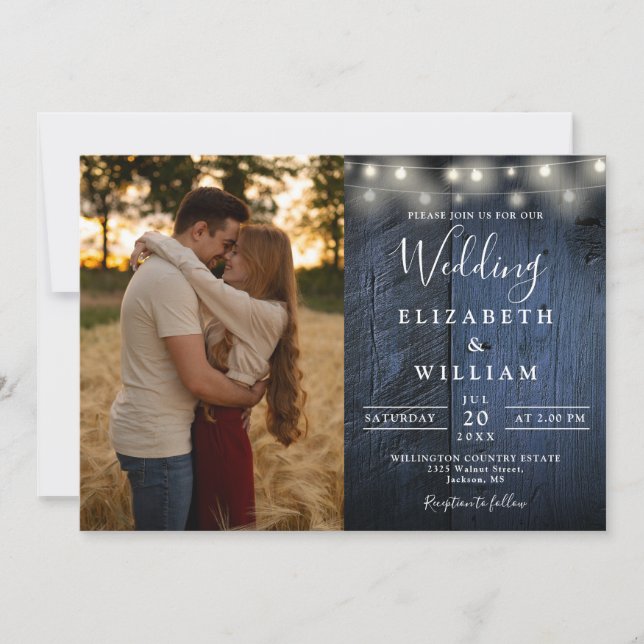 All In One Blue Wood String Lights Wedding Photo Invitation (Front)