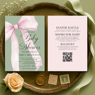 All in One Blush Pink Bow Sage Green Baby Shower Invitation