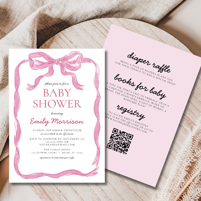 All in One Blush Pink Ribbon Bow Baby Shower Invitation (Creator Uploaded)