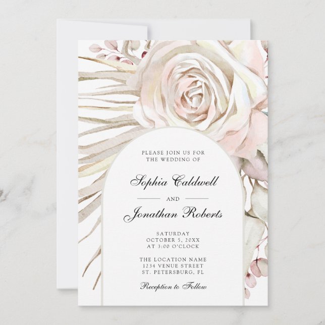 All in One Boho Blush Pink Rose Palm Leaf Wedding Invitation (Front)