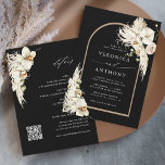 All In One Boho Pampas Grass Orchid Wedding Black Invitation<br><div class="desc">This all-in-one wedding invitation features painted watercolor white orchids,  dry pampas grass,  white anthuriums,  wildflowers,  exotic leaves with an arch frame,  and wedding details,  RSVP QR code on the backside. For more advanced customisation of this design,  please click the BLUE DESIGN TOOL BUTTON above!   Matching items are also available.</div>