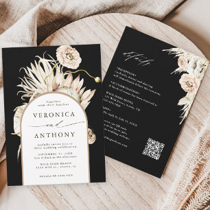 All In One Boho Protea Pampas Grass Wedding Black Invitation