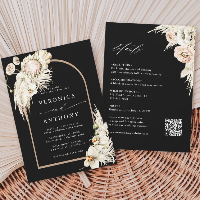 All In One Boho Protea Pampas Grass Wedding Black Invitation (Creator Uploaded)