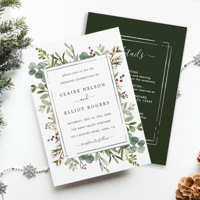 All In One Botanical Christmas Green Wedding Invitation (Creator Uploaded)