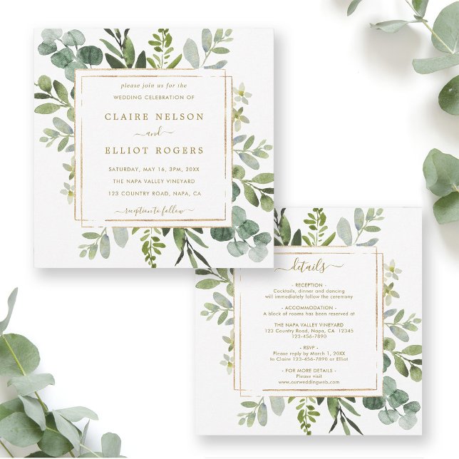 All In One Botanical Gold Greenery Wedding Square Invitation (Front & Back)