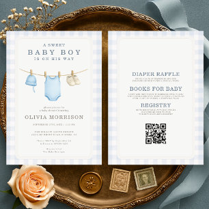 All in One Boy Clothesline Blue Baby Shower Invitation
