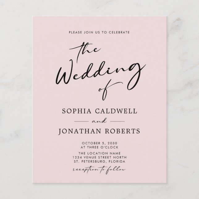 All in One Budget Calligraphy Blush Wedding Invite (Front)