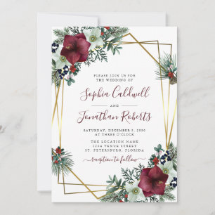 All in One Burgundy Amaryllis Pine Gold Wedding Invitation