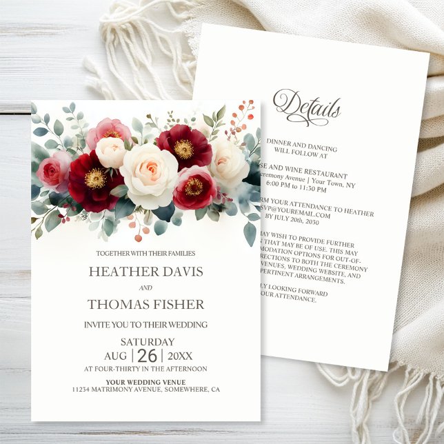 All in One Burgundy and White Floral Wedding Invitation (Creator Uploaded)