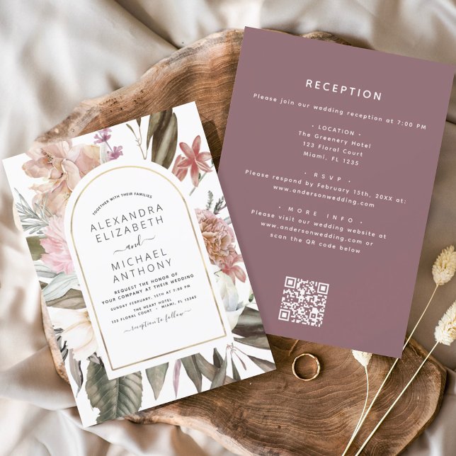 All in One Burgundy Boho Floral QR Code Wedding Invitation (Creator Uploaded)