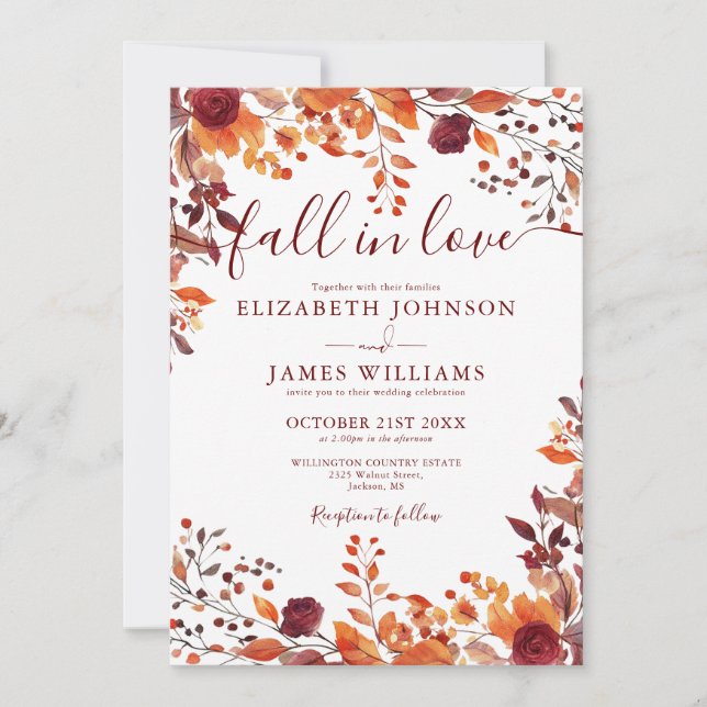 All In One Burgundy Fall In Love QR Code Wedding Invitation (Front)