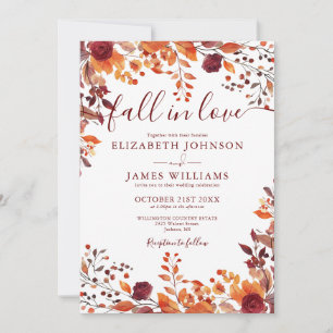 All In One Burgundy Fall In Love QR Code Wedding Invitation