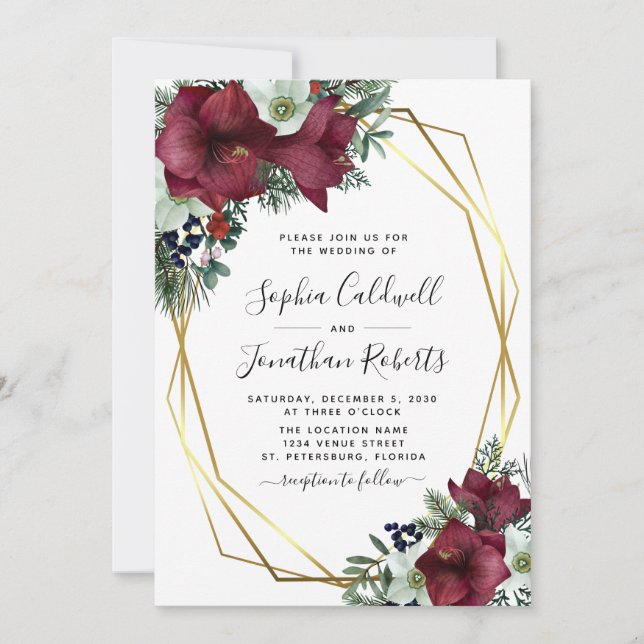 All in One Burgundy Floral Gold Winter Wedding  Invitation (Front)