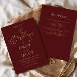 All in One Burgundy Gold Wedding Elegant Script Invitation<br><div class="desc">Introducing our Burgundy Gold Wedding Modern Typography Script Invitation: Make a statement with our elegant wedding invitations featuring modern typography and luxurious Navy Blue and gold accents. Crafted with meticulous attention to detail, these invitations exude sophistication and style, setting the tone for your special day. The sleek Burgundy background is...</div>