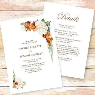 All In One Burnt Orange White Floral Wedding Invitation