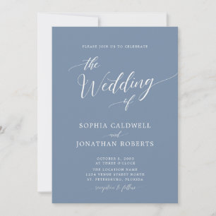 All in One Calligraphy Trendy Dusty Blue Wedding Invitation
