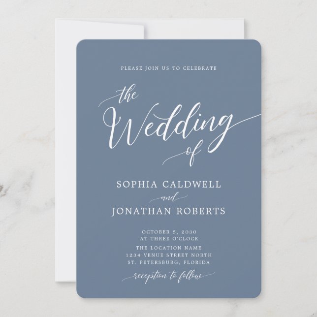 All in One Calligraphy Trendy Dusty Blue Wedding Invitation (Front)