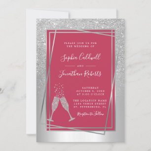 All in One Champagne Trendy Magenta Silver Wedding Invitation