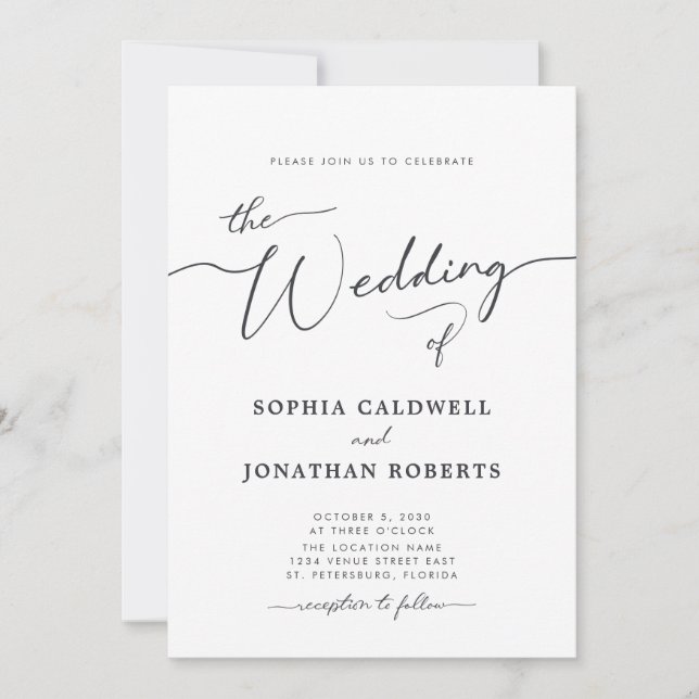 All in One Charcoal Grey Calligraphy Wedding Invitation (Front)