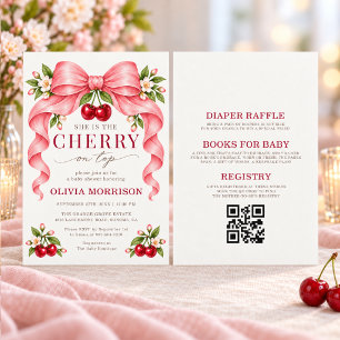 All in One Cherry on Top Pink Bow Baby Shower Invitation