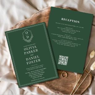 All in One Crest Emerald Green QR Code Wedding Invitation