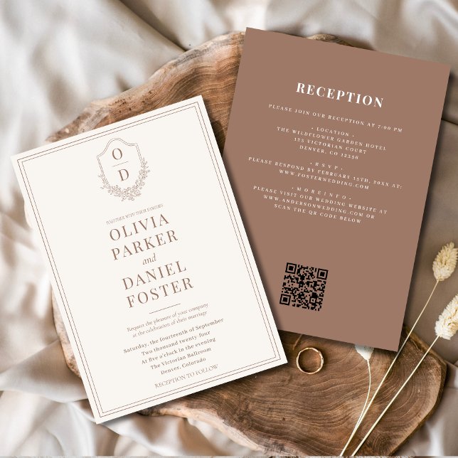 All in One Crest Mocha Brown QR Code Wedding Invitation (Creator Uploaded)