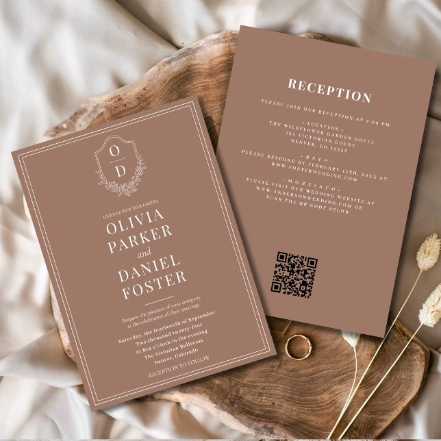 All in One Crest Mocha Brown QR Code Wedding Invitation (Creator Uploaded)