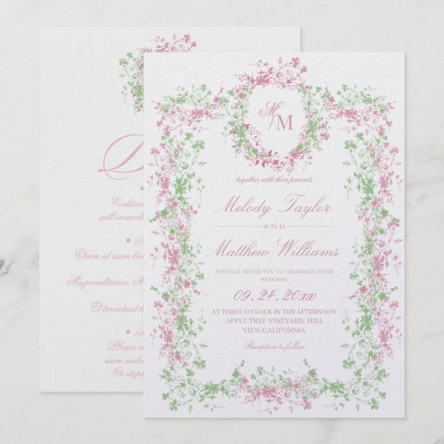 All in One Delicate Blush and Sage Ornate Wedding Invitation (Front/Back)