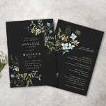 All In One Delicate Wildflower Black Boho Wedding  Invitation<br><div class="desc">This elegant All In One wedding invitation features hand-painted watercolor wildflowers in butter yellow, sage green, dusty green, and light blue with a QR code and wedding details on the back, perfect for spring, summer or fall weddings. For more advanced customisation of this design, please click the BLUE DESIGN TOOL...</div>