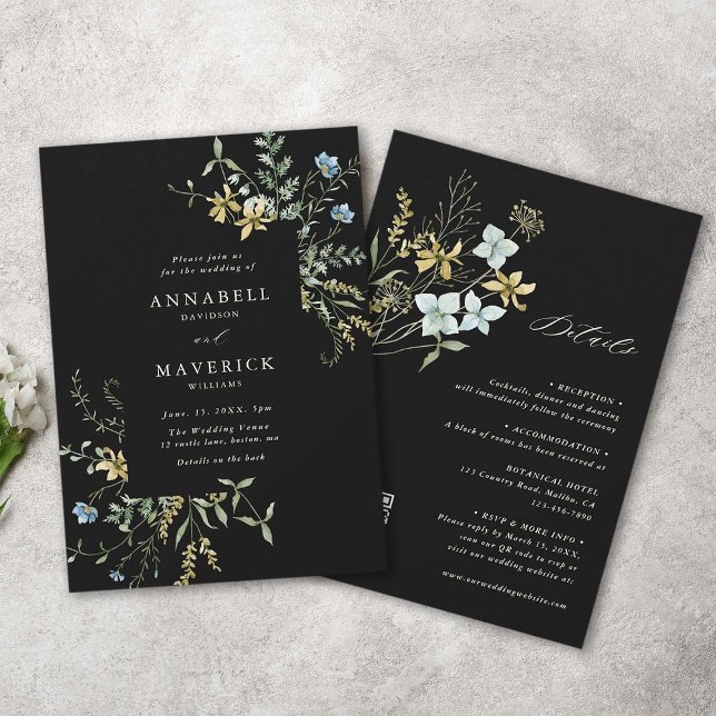 All In One Delicate Wildflower Black Boho Wedding  Invitation (Front & Back)