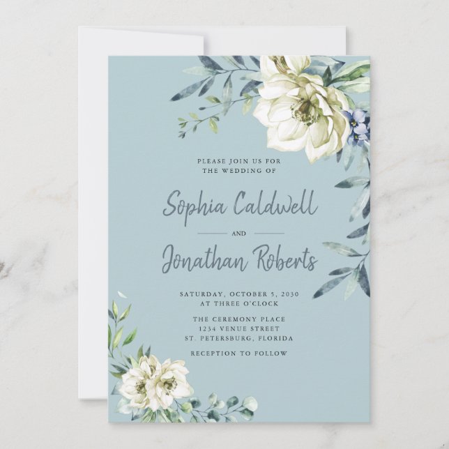 All in One Dusty Blue Eucalyptus Floral Wedding In Invitation (Front)