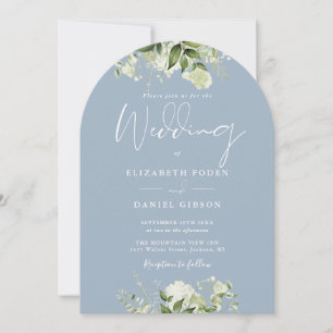All In One Dusty Blue Greenery Floral Arch Wedding Invitation