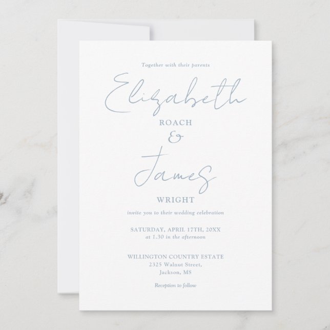 All In One Dusty Blue Minimalist Elegant Wedding Invitation (Front)