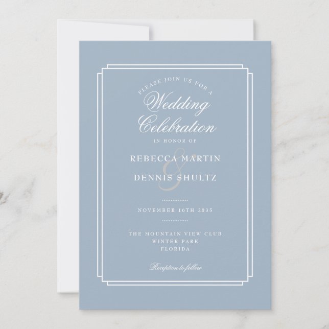 All In One Dusty Blue Script Art Deco Wedding Invitation (Front)