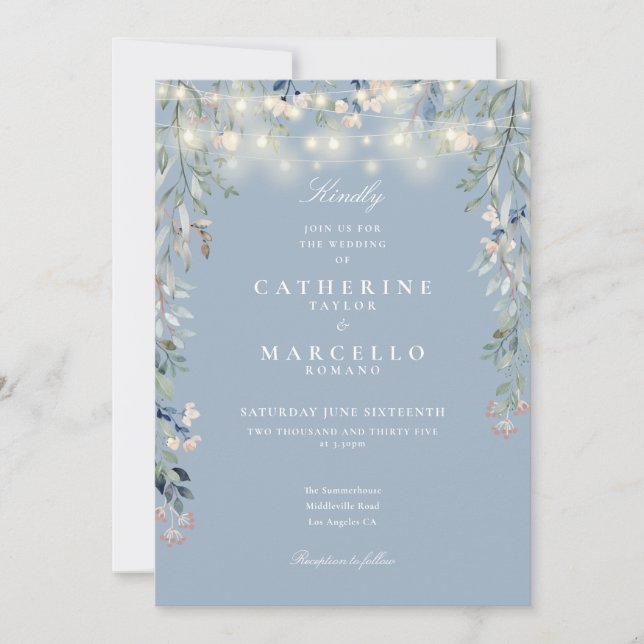 All In One Dusty Blue String Lights Floral Wedding Invitation (Front)