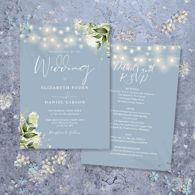 All In One Dusty Blue String Lights Floral Wedding Invitation (All In One Dusty Blue String Lights Floral Wedding Invitation)