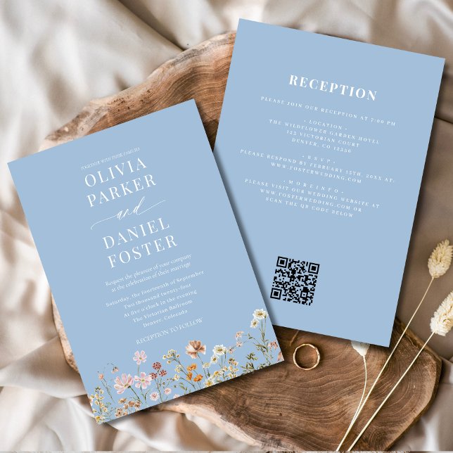 All in One Dusty Blue Wildflower QR Code Wedding  Invitation (Creator Uploaded)
