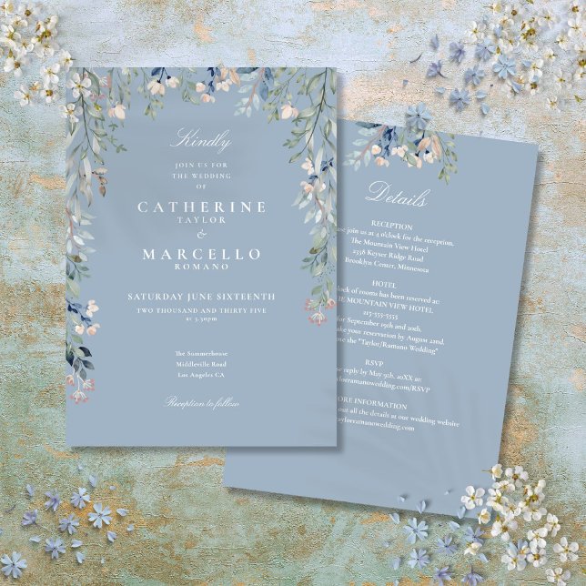 All In One Dusty Blue Wildflowers Floral Wedding Invitation (All In One Dusty Blue Wildflowers Floral Wedding Invitation)
