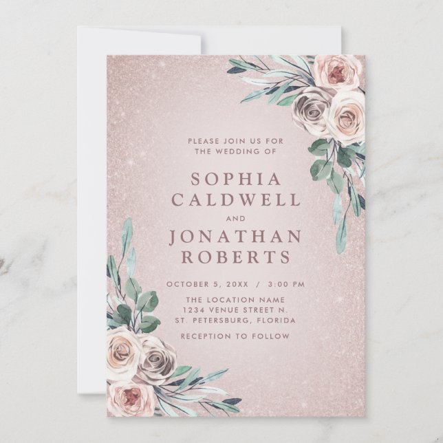 All in One Dusty Pink Roses Boho Glitter Wedding Invitation (Front)
