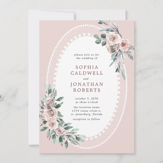 All in One Dusty Rose Eucalyptus Wedding Invitation (Front)