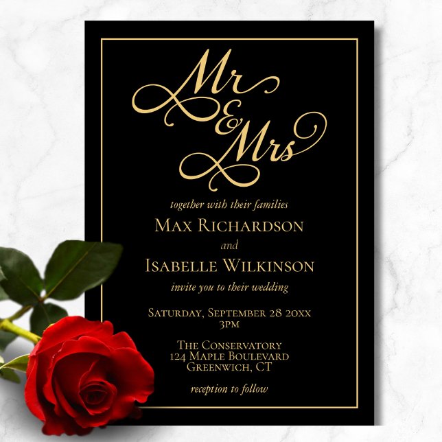 All in One Elegant Black and Gold Wedding  Invitation (Chic elegant all in one black and gold wedding invitation, mr and mrs, script calligraphy typography)