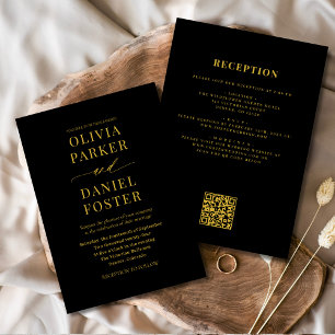 All in One Elegant Black Gold QR Code Wedding Invitation