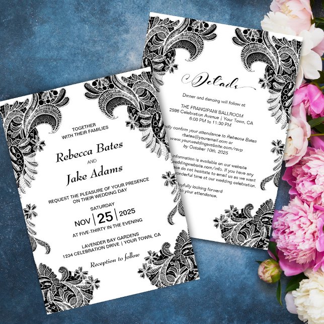 All In One Elegant Black White Lace Wedding Invitation (Creator Uploaded)