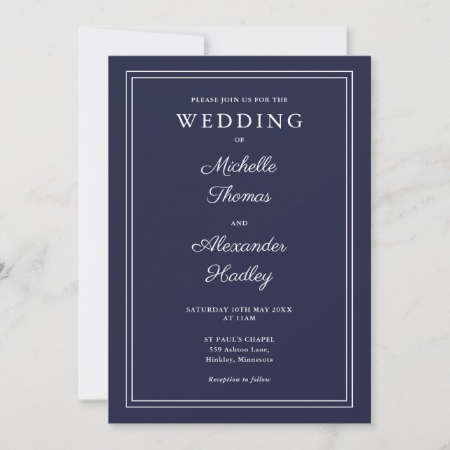 All In One Elegant Border Navy Blue Wedding Invitation (Front)