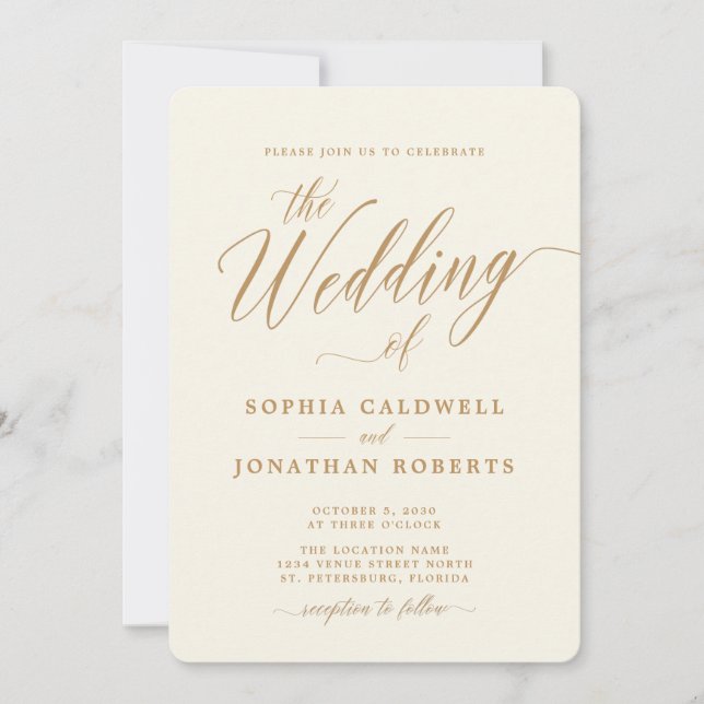 All in One Elegant Gold Calligraphy Cream Wedding  Invitation (Front)