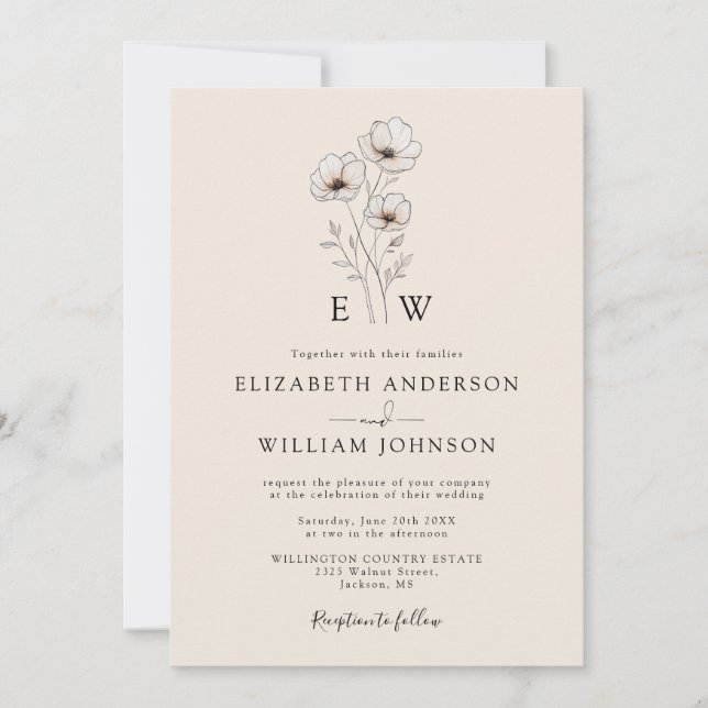 All In One Elegant Modern Floral Monogram Wedding Invitation (Front)