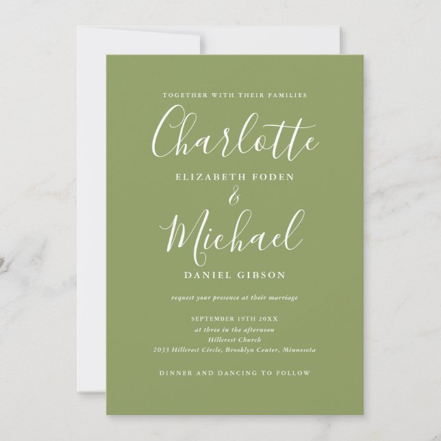 All In One Elegant Modern Moss Green Wedding Invitation (Front)