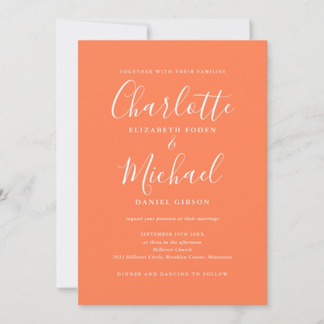 All In One Elegant Modern Script Coral Wedding Invitation (Front)